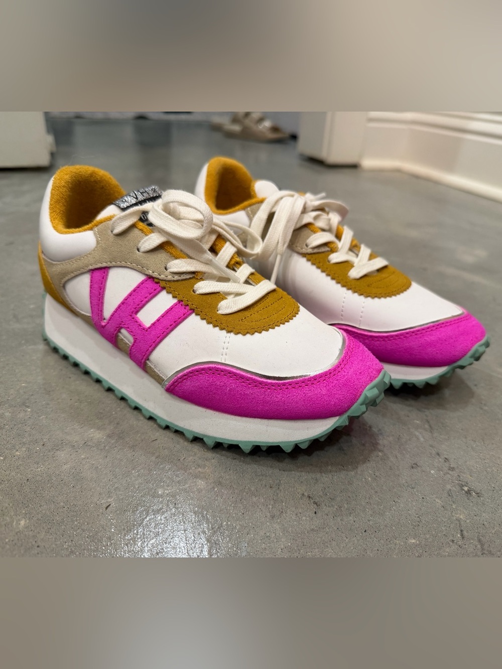 Vintage Havana Women’s Kids White Sneakers with Pink and Mustard Accents